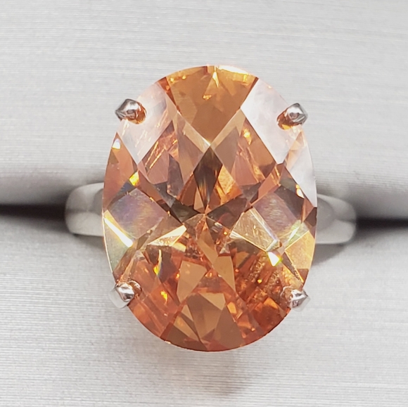 Checkerboard Cut Oval Citrine Simulant 925 Sterling Silver Solitaire Ring - Picture 1 of 8